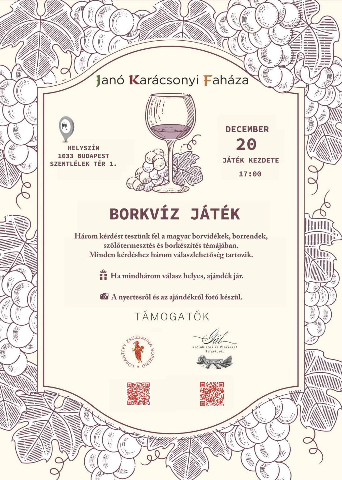 Borkvíz játék plakátja Janó Karácsonyi Faházánál